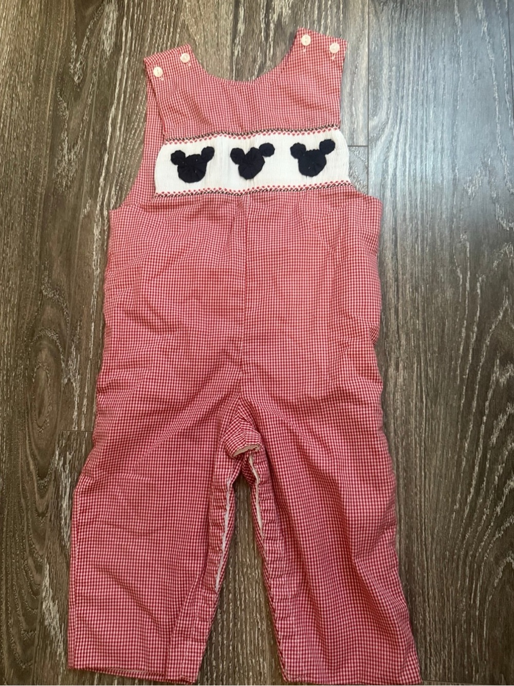 Toddler Red Gingham One-Piece Overalls with Navy Mouse Appliqué